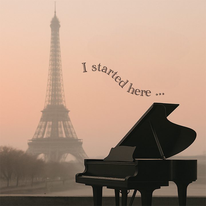 Open grand piano with smoggy peach sky with Eiffel Tour in background.