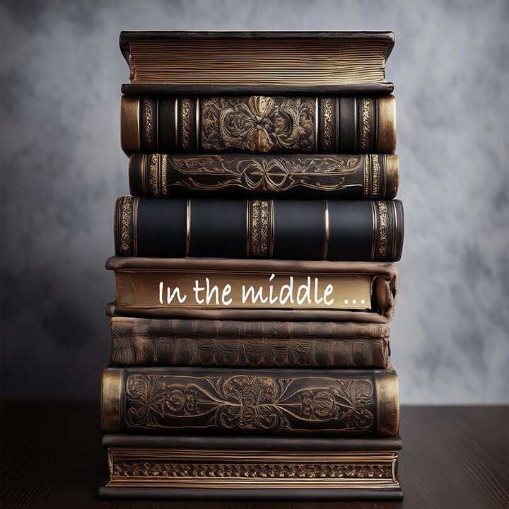 text saying "in the middle" on a stack of ancient leather bound books with gold edges